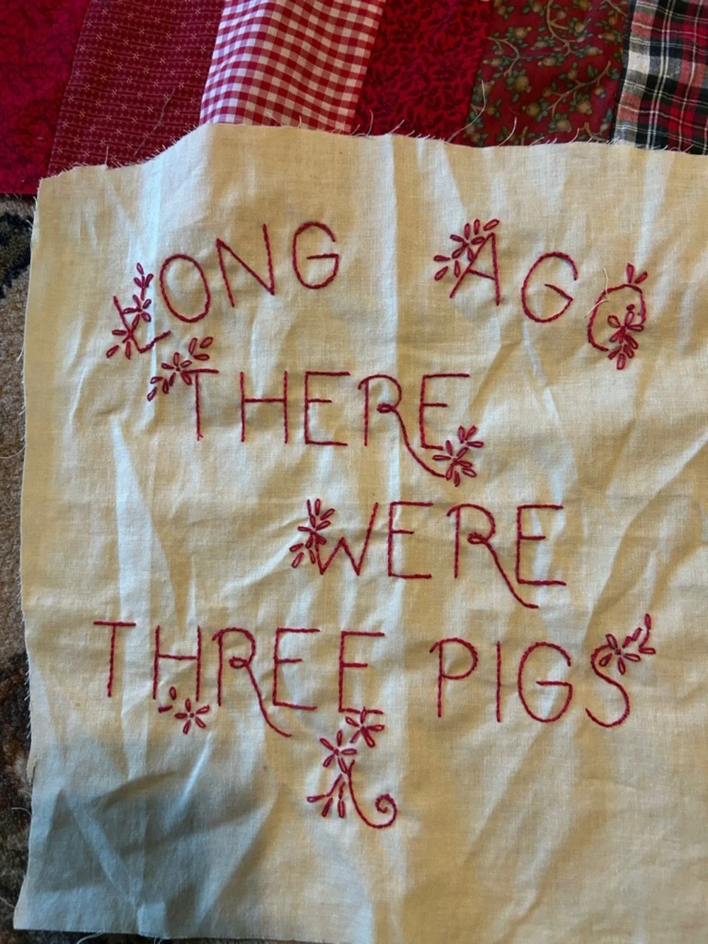 Patchwork quilt Redwork Three Little Pigs Quilt Squares in Red Plaid